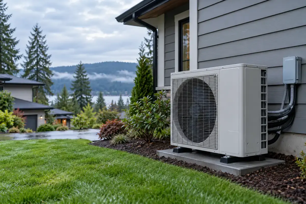 Heat pump outdoor unit with light frost on a cold, damp winter morning