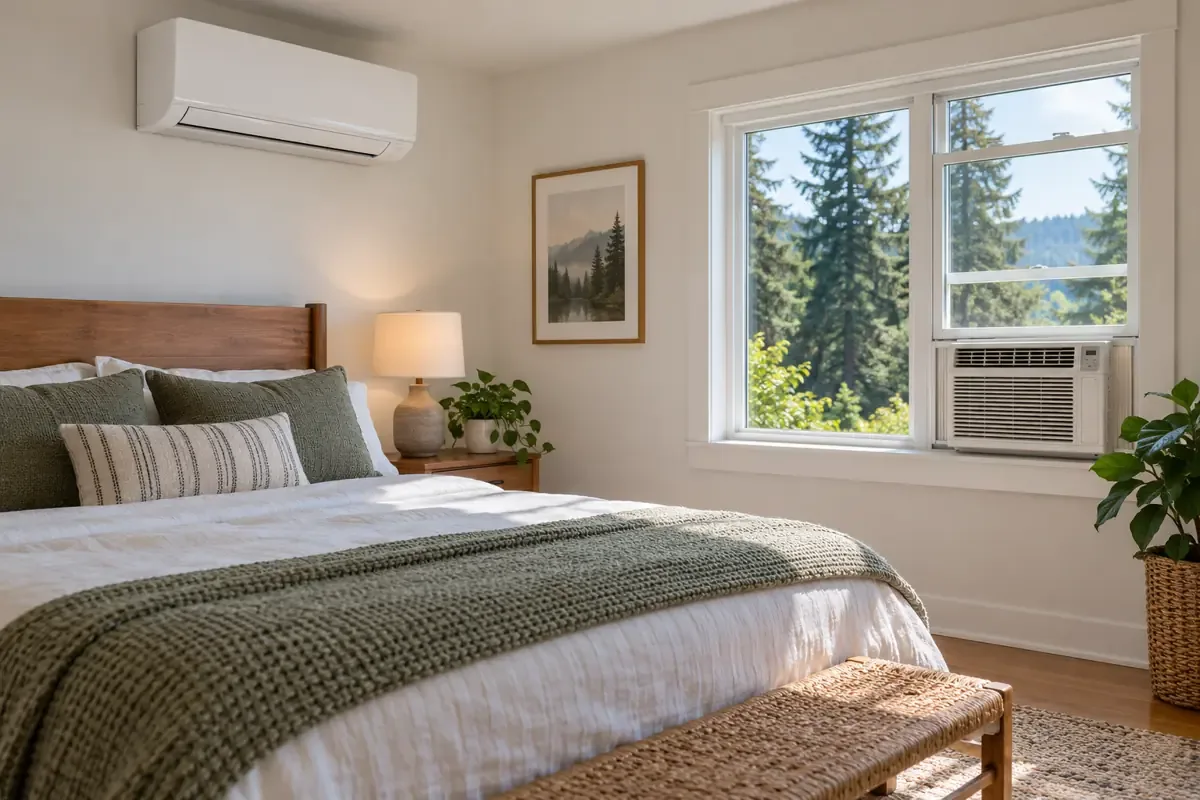 Window air conditioner beside a wall-mounted ductless mini-split in a bedroom