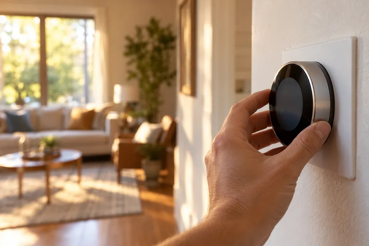 Homeowner checking a wall thermostat in a living room