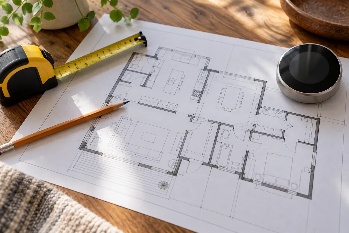 Thermostat and floor plan on a table while planning a new air conditioner