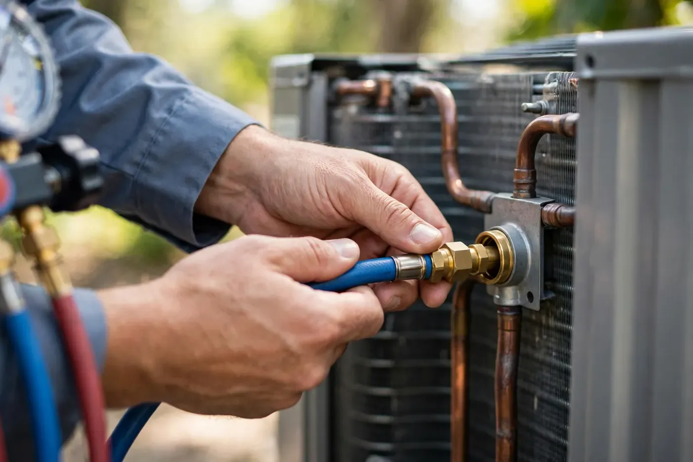 Technician checking refrigerant gauges on an outdoor air conditioner